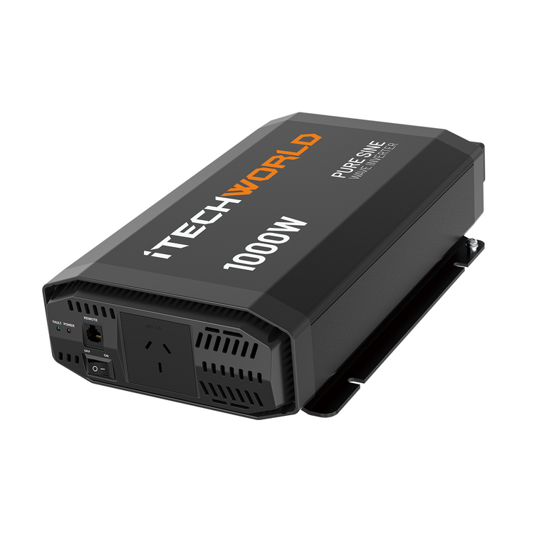 The iTechworld 1000W Pure Sine Wave Inverter (12V to 240V) in black is angled to display its power socket, USB port, and ventilation grilles against a white background—ideal for reliable off-grid power.