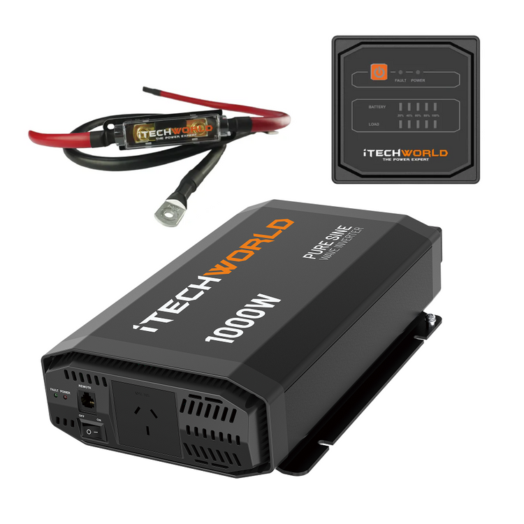 The iTechworld 1000W Pure Sine Wave Inverter (12V to 240V) offers a power outlet, fuse, cables, and a control panel with clear LED indicators for battery, power, and load—perfect for off-grid power needs.