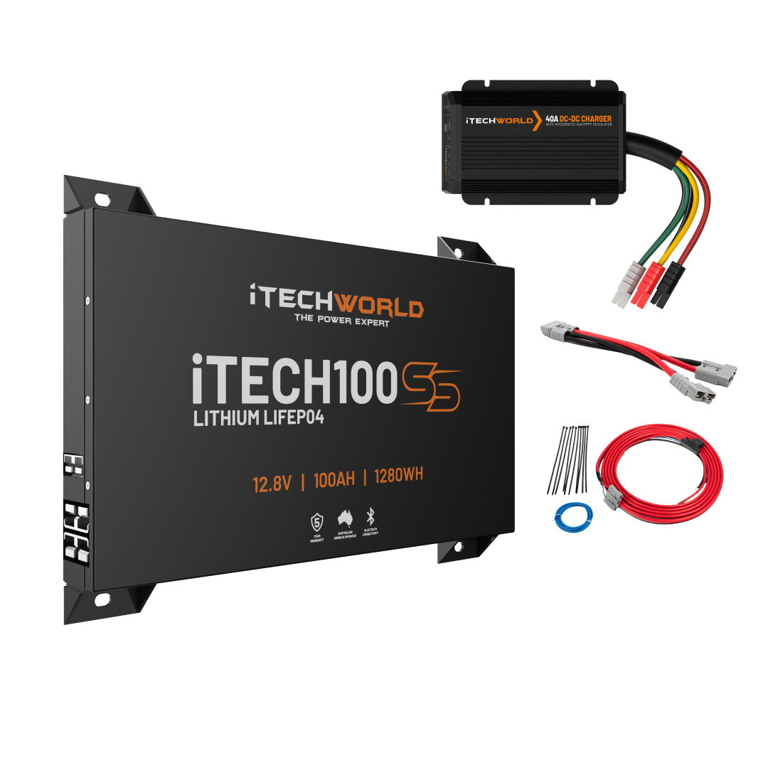 The iTECH100SS Behind the Seat Kit with Bluetooth includes a slim 12V lithium battery, matching black DCDC charger, assorted power cables, connectors, and mounting hardware, all shown on a white background.