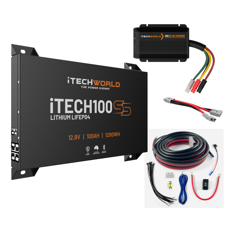 The iTECH100SS Behind the Seat Kit with Bluetooth includes a slim 12V lithium battery, matching black DCDC charger, assorted power cables, connectors, and mounting hardware, all shown on a white background.
