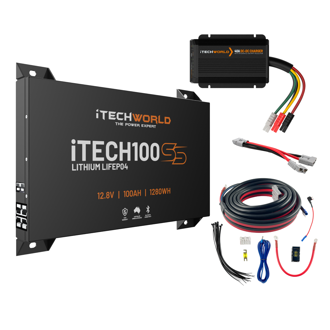 The iTECH100SS Behind the Seat Kit with Bluetooth incxludes a slim 12V lithium battery, matching black DCDC charger, assorted power cables, connectors, and mounting hardware, all shown on a white background.