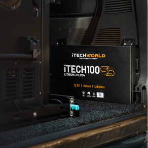 An iTechworld | Mini Power Core + Super Slim 100Ah battery in black sits inside a vehicle near the rear door, partially on a carpeted surface, with interior panels of the vehicle visible in the background.
