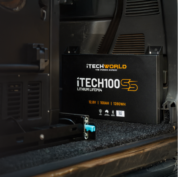 An iTechworld | Mini Power Core + Super Slim 100Ah battery in black sits inside a vehicle near the rear door, partially on a carpeted surface, with interior panels of the vehicle visible in the background.