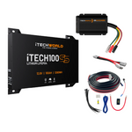 The iTechworld iTECH100SS | Behind the Seat Kit with Bluetooth includes cables, connectors, DCDC charger, wiring, and installation accessories, all displayed on a white background.
