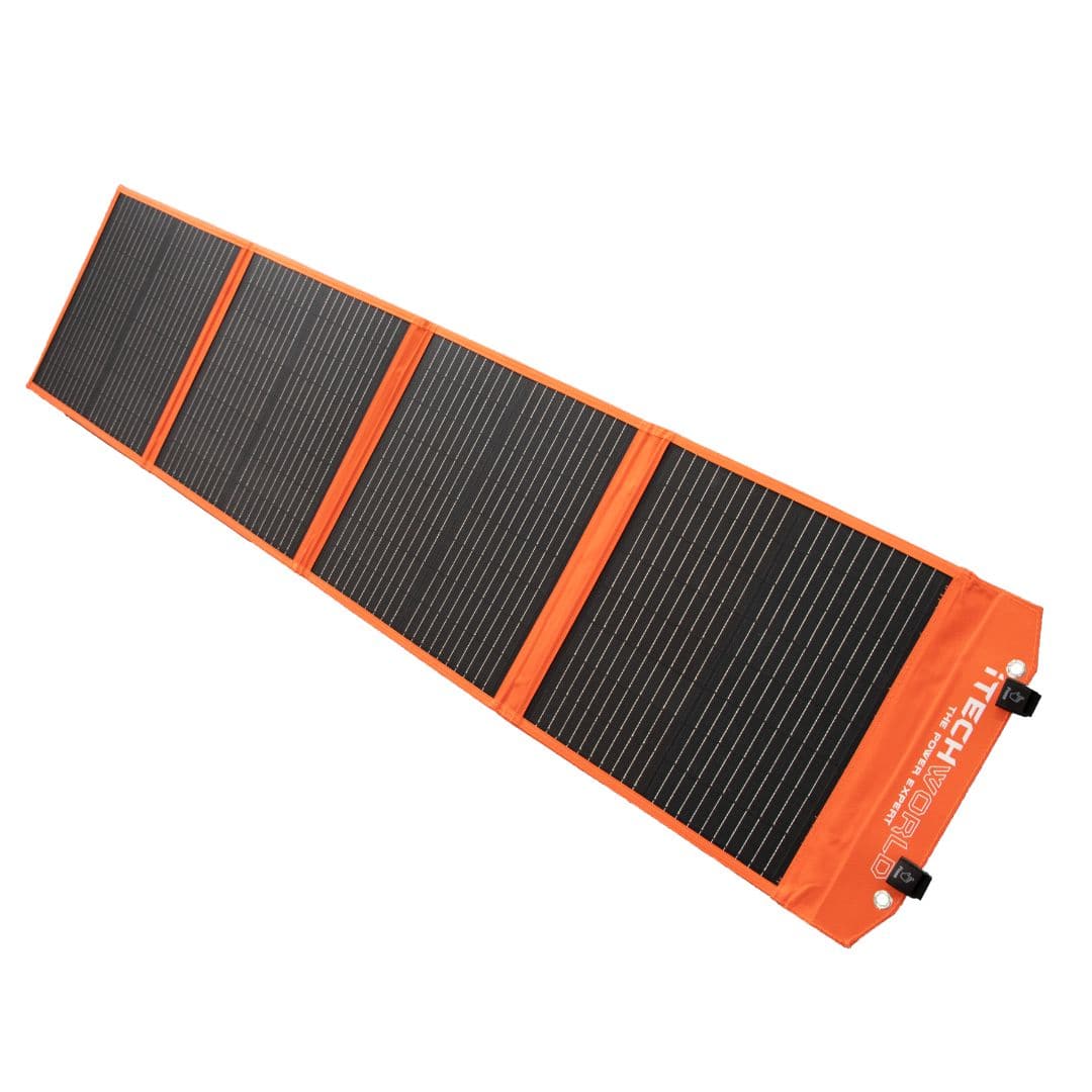 The iTechworld 🎁 100W Solar Blanket with Raptor Skin (100% off) features four black panels framed in orange—portable, foldable, and perfect for adventures or as a BOGO Bundle deal at BOGOS.io.