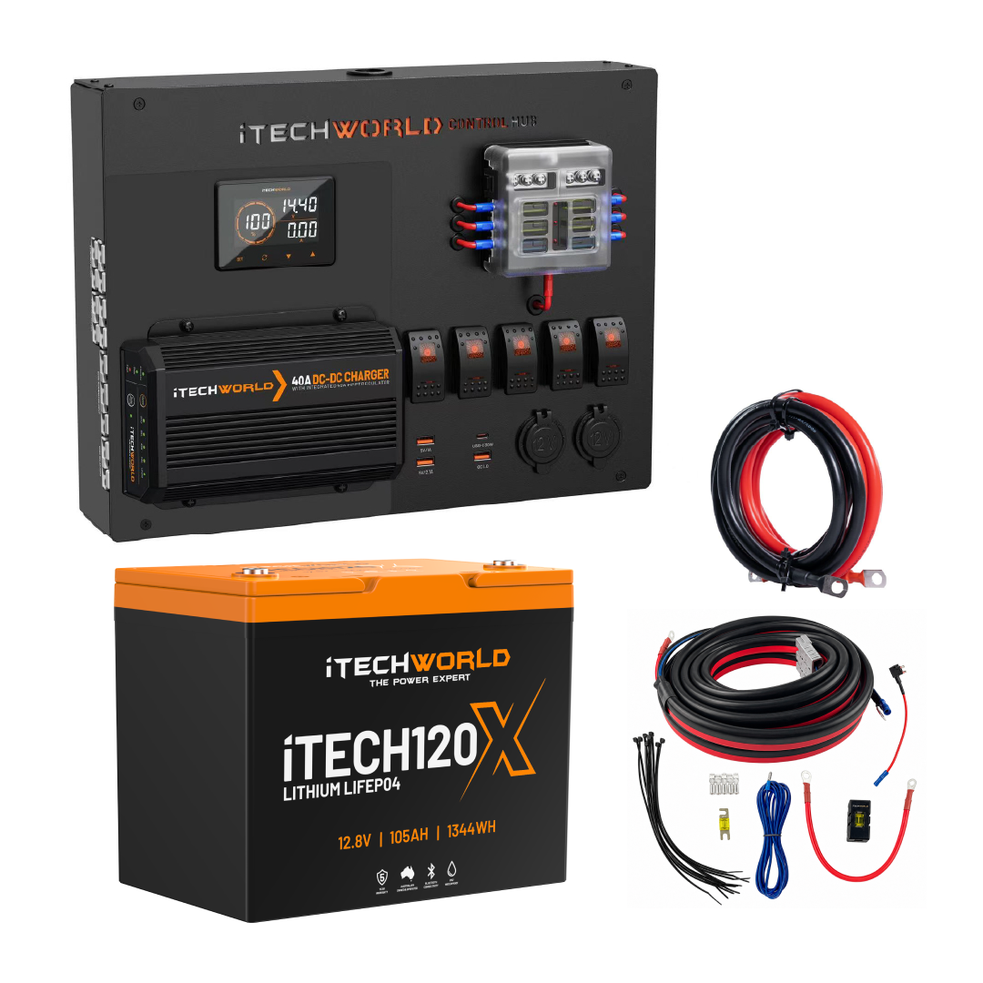 The iTECH120X and Control Hub with iTECHDCDC40/25 | Lithium 4WD Kit | 105Ah from iTechworld, ideal for your 12V build or dual battery system, is displayed on a white background.