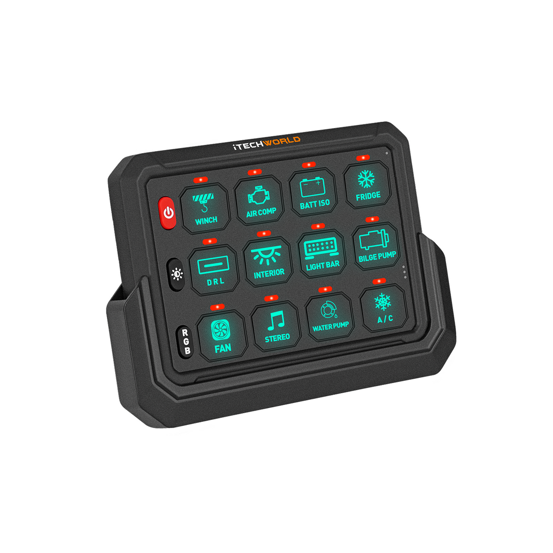 The iTechworld 12 Gang Wireless Switch Panel is a black, rectangular unit with green and red illuminated icons for winch, fan, stereo, fridge, air compressor, water pump, and lights—perfect for 4WD accessories—with the iTechworld logo on top.