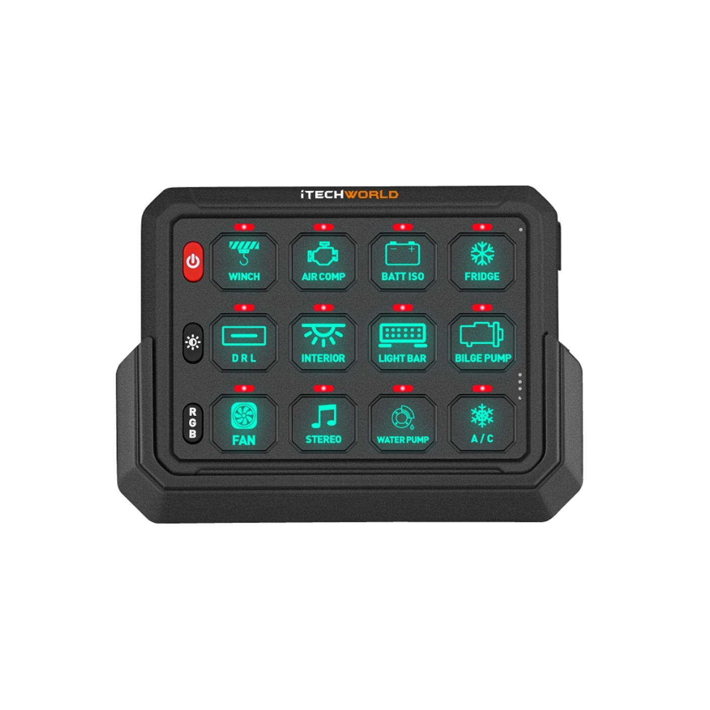 The iTechworld | Wireless Switch Panel | 12 GANG features a rectangular black design with twelve illuminated, labeled buttons for winch, air compressor, fridge, lights, and more—perfect for 4WD accessories. Brand: iTechworld.