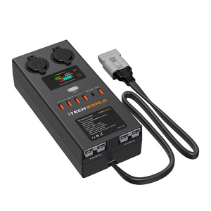 The iTechworld Mini Control Box | 12V is a compact, black portable power unit with digital display, multiple USB and 12V ports, and a sturdy power cable—ideal as a caravan power box or for any camping 12V system.
