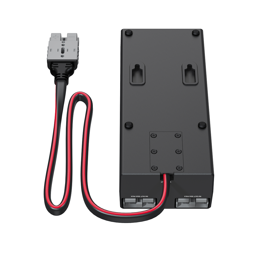 The iTechworld Mini Control Box 12V is a rectangular black battery pack with long black and red power cables, gray plug, wall-mount slots, and visible screws—ideal for any camping 12V system or caravan power box setup.
