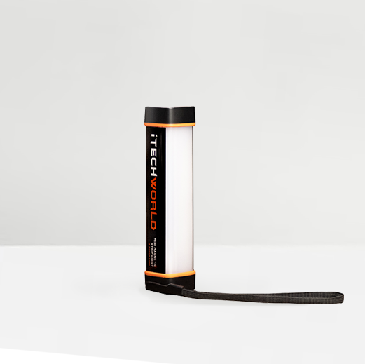 The iTechworld Mini Magnetic LED Strip Light (150LM) is a portable rectangular light with a black and orange casing, black wrist strap, and iTechworld branding—suitable for camping and use as a mini magnetic strip light.