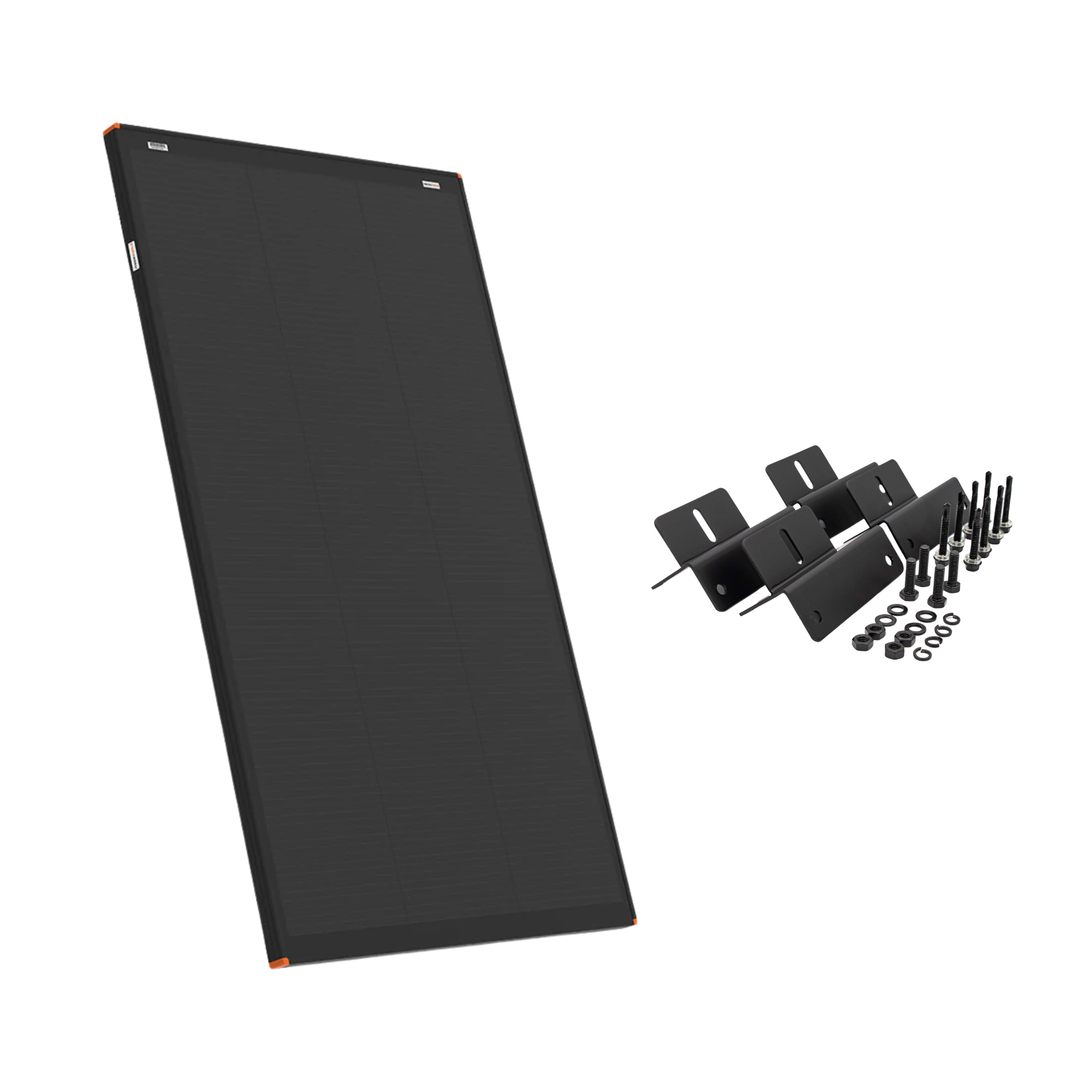 On the left is the iTechworld 150W Hard Frame Solar Panel Bundle (22V/27V OCV), with black mounting brackets, screws, and washers to the right. Ideal for an off-grid solar setup. Brand: iTechworld.