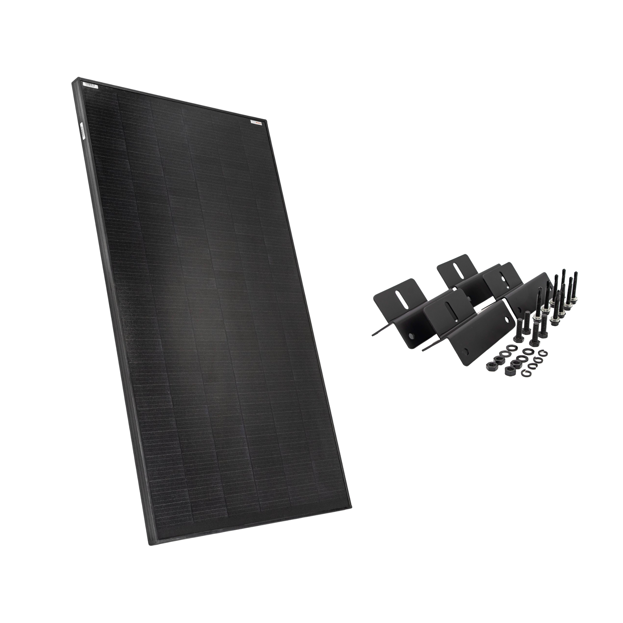 The iTechworld 150W Hard Frame Solar Panel Bundle (42V/49V OCV) is pictured with black mounting brackets, bolts, and washers, showcasing all components included for an off-grid solar installation.