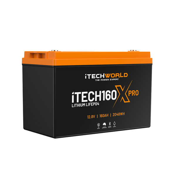 The iTechworld iTECH160X PRO Deep Cycle Lithium Battery, 160Ah LiFePO4 with Bluetooth, is displayed in black and orange on a white background.