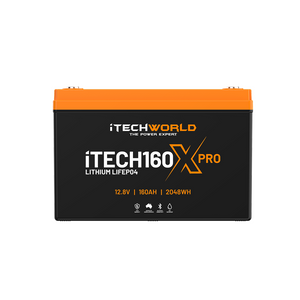 The iTechworld iTECH160X PRO Deep Cycle Lithium Battery with Bluetooth is a black and orange 160Ah LiFePO4 battery (12.8V, 2048Wh) featuring white and orange text in a minimalist design on a white background.