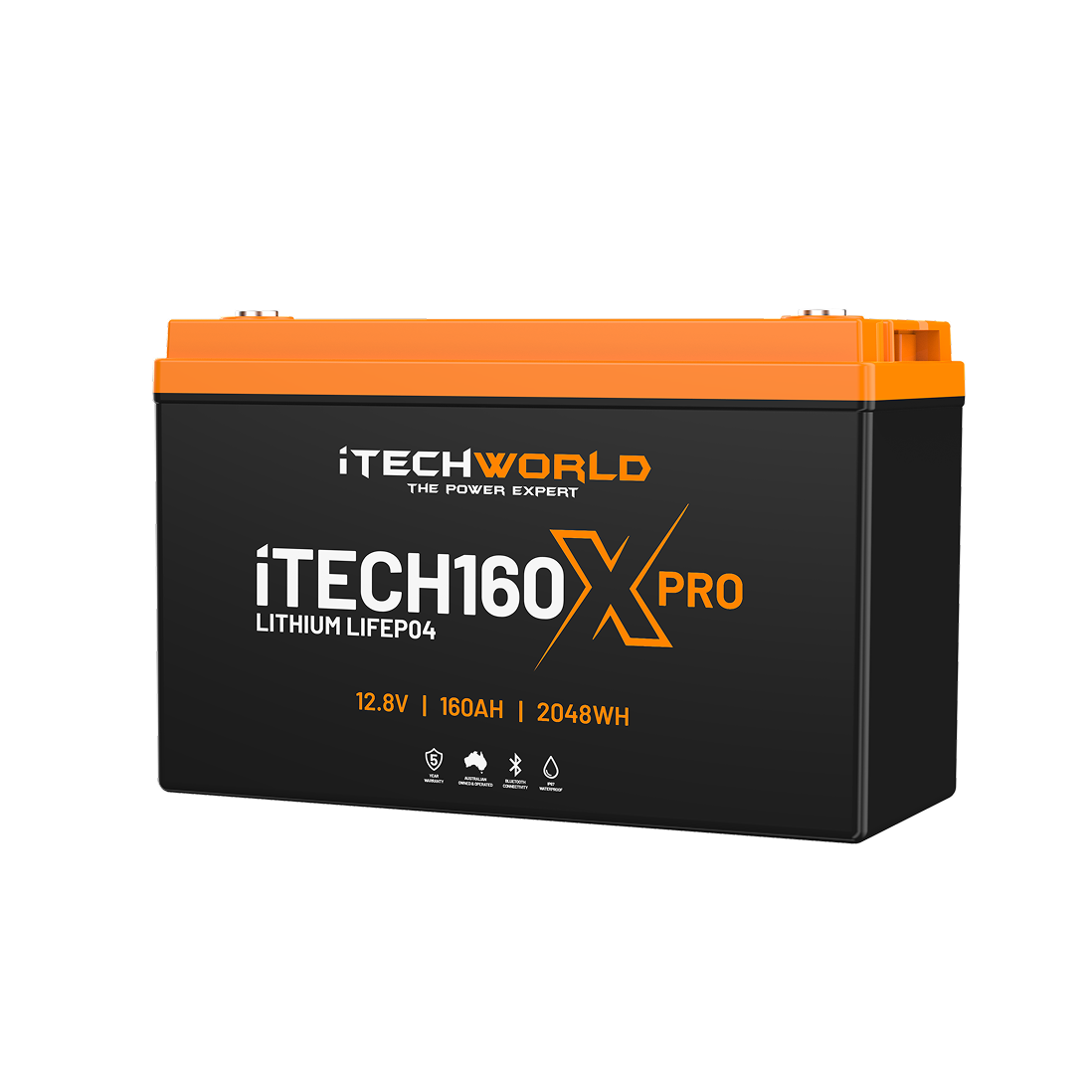 A rectangular black and orange iTechworld iTECH160X PRO Deep Cycle Bluetooth LiFePO4 battery, 12.8V 160Ah 2048Wh, with advanced prismatic lithium cells for reliable power and connection terminals on the orange top.