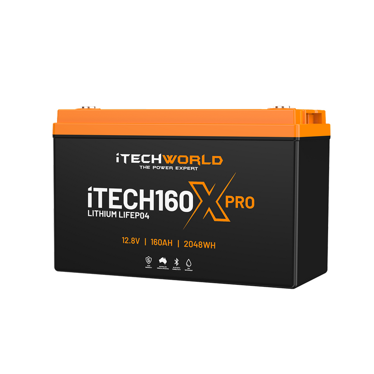 A rectangular black and orange iTechworld iTECH160X PRO Deep Cycle Bluetooth LiFePO4 battery, 12.8V 160Ah 2048Wh, with advanced prismatic lithium cells for reliable power and connection terminals on the orange top.