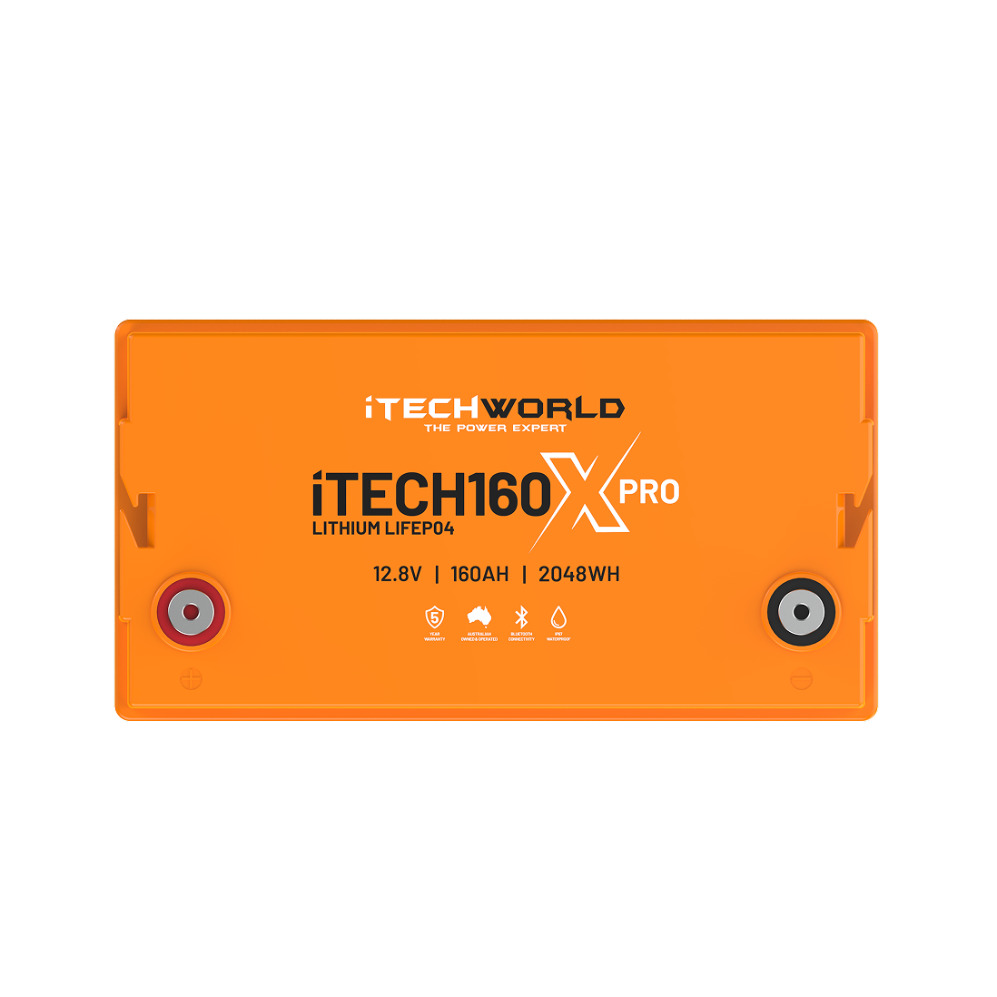 An orange rectangular iTechworld iTECH160X PRO Deep Cycle Lithium Battery with Bluetooth, featuring prismatic LiFePO4 cells and marked terminals, displays 12.8V, 160Ah, and 2048Wh on the front.