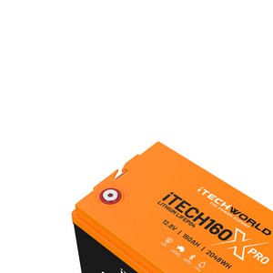 A close-up of the top corner of an orange and black iTechworld iTECH160X PRO Deep Cycle Lithium Battery with Bluetooth LiFePO4 160Ah, showing a terminal and product details on a white background.