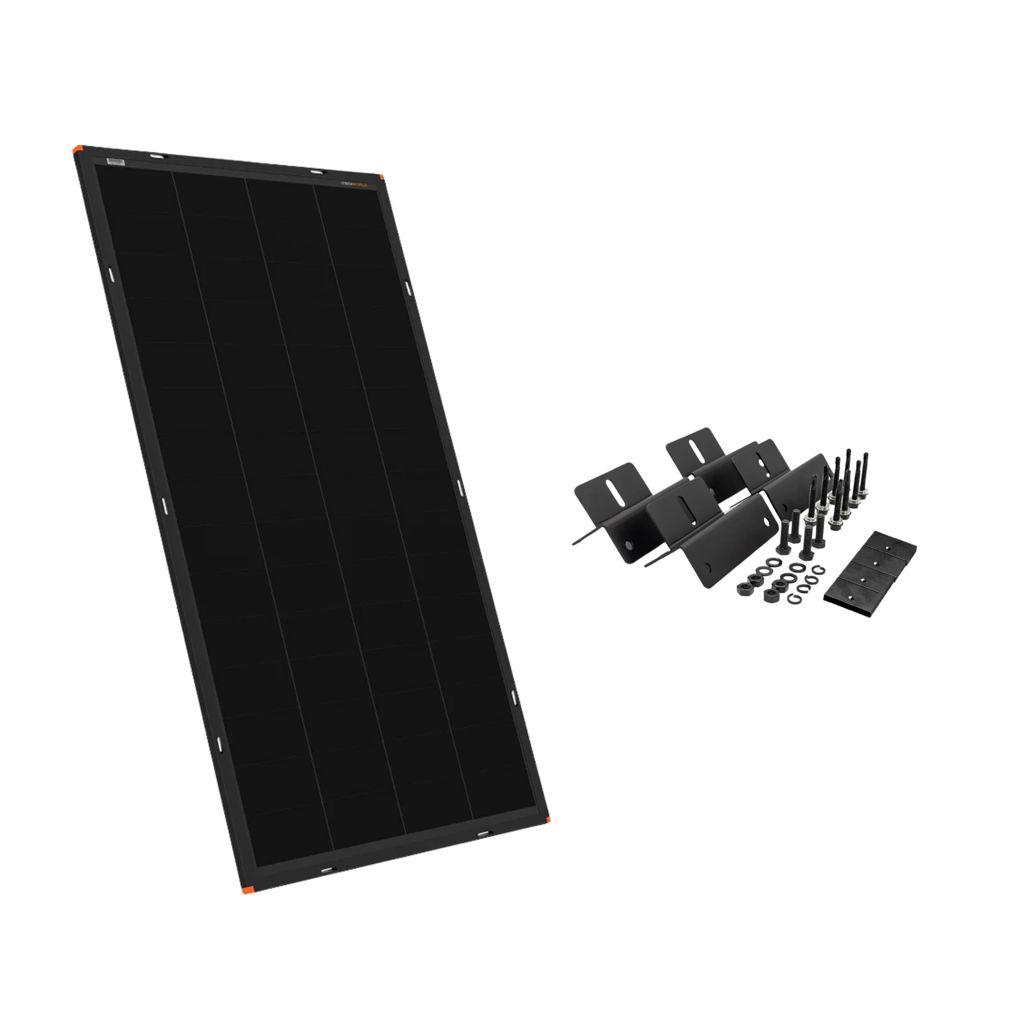 The iTechworld 170W 6mm Hard Frame Solar Panel Bundle (22V OCV) is shown on the left, with included mounting brackets and hardware on the right—ideal for off-grid solar charging, all displayed against a white background.