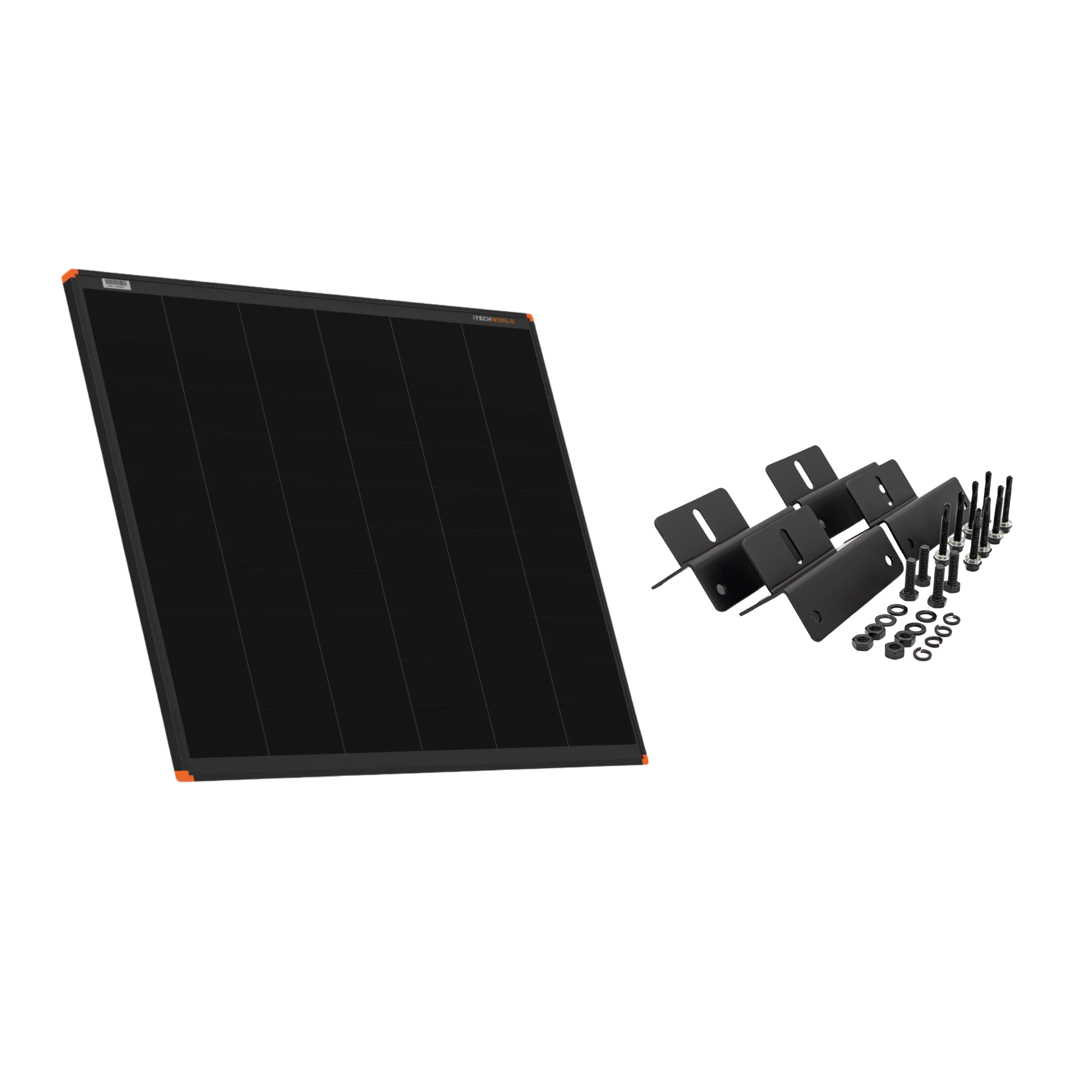 The iTechworld 170W Short Hard Frame Solar Panel Bundle, featuring a black rectangular panel with orange corners, is shown beside included black mounting brackets, screws, and washers against a white background.
