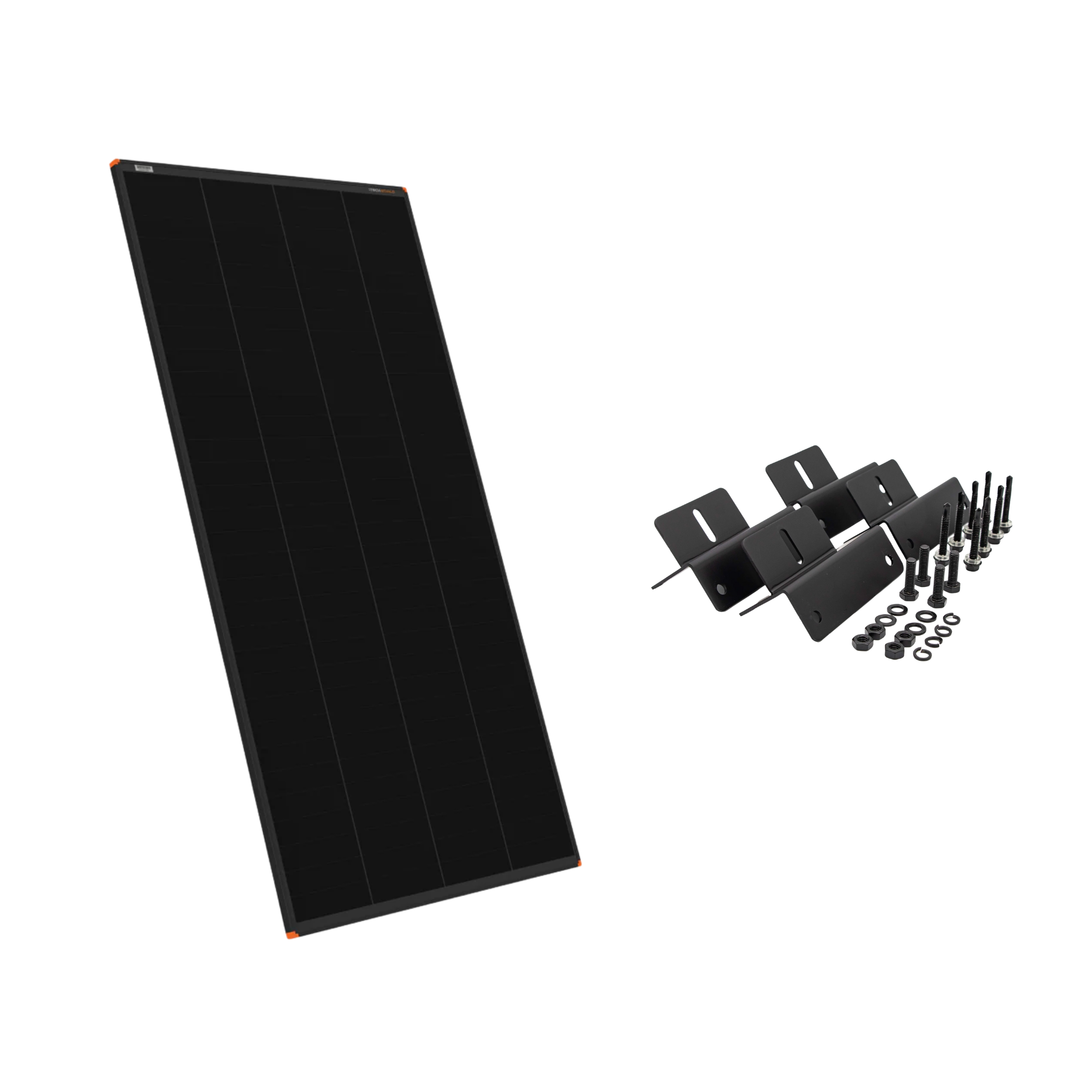 The iTechworld 170W Hard Frame Solar Panel Bundle with Mounting Brackets is pictured left, while the mounting hardware—brackets, bolts, and washers—is arranged on the right against a white background.