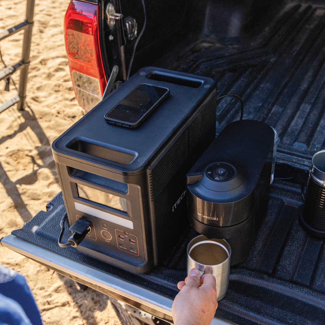 Camper powering their coffee machine with the 1800W PRO Portable Lithium Power Station