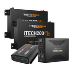 Four black iTechworld power products are shown: a 2000W inverter, a Mini Power Core unit, and two 200SS lithium LiFePO4 batteries. All items display iTechworld branding and power specifications on their panels and screens.