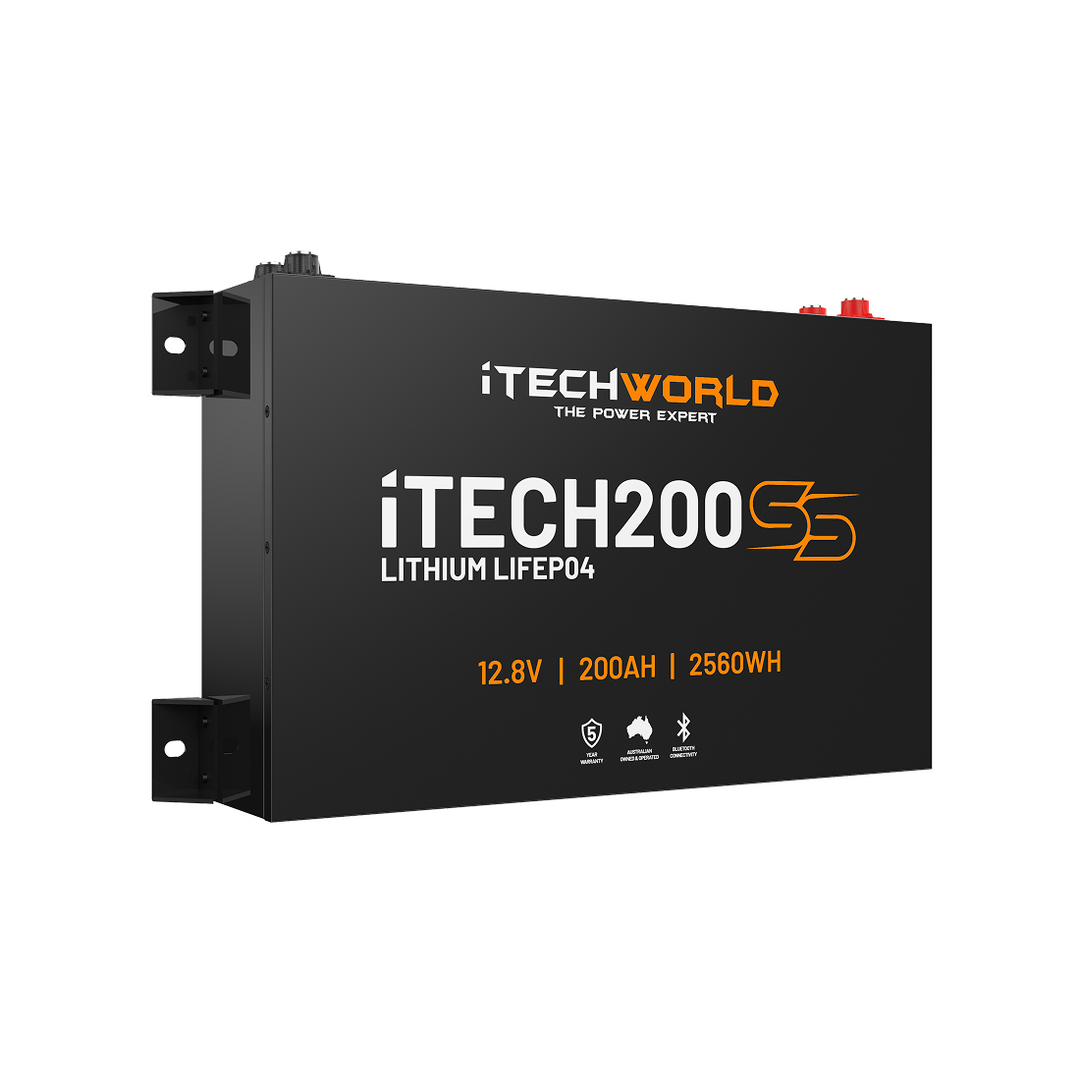 The iTECH200SS Slim Deep Cycle Lithium Battery with Bluetooth by iTechworld is a 12.8V, 200Ah, 2560Wh black rectangular LiFePO4 battery featuring red and black top terminals and side mounting brackets.
