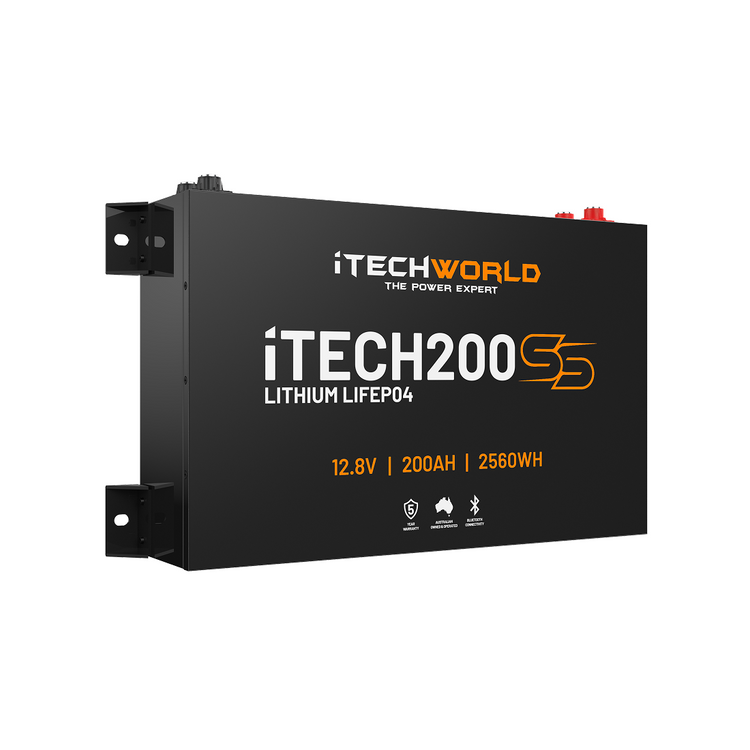 The iTECH200SS Super Slim Deep Cycle Lithium Battery by iTechWorld is a rectangular black 12.8V 200Ah LiFePO4 unit with Bluetooth monitoring, offering 2560Wh capacity.