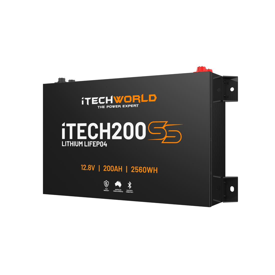 The iTECH200SS Super Slim Deep Cycle Lithium Battery (LiFePO4 200Ah) has black casing with orange/white text, displays 12.8V, 200Ah, 2560Wh, has red/black terminals, and icons for power, protection & Bluetooth monitoring.