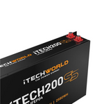 The iTechworld iTECH200SS Super Slim Deep Cycle Lithium Battery (LiFePO4 200Ah) is black and rectangular with orange and white labeling, two red top-right terminals, and Bluetooth for real-time battery monitoring.