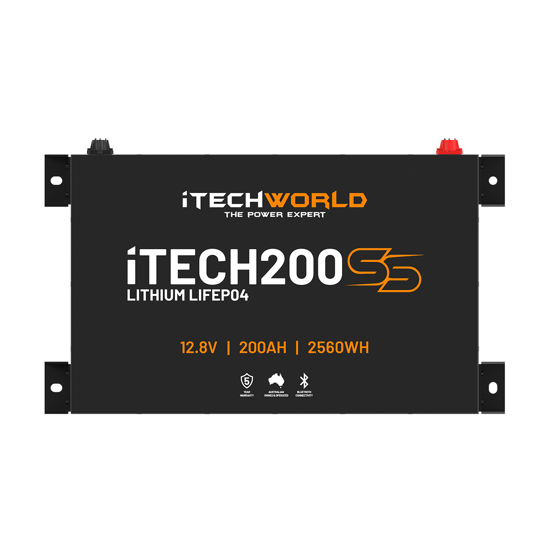 Front view of an iTECH200SS Super Slim Deep Cycle Lithium Battery with Bluetooth, showing 12.8V, 200Ah, 2560Wh specs, orange and white text, icons, top terminal posts, and Bluetooth monitoring.