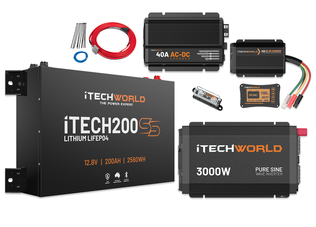 The iTechworld Ultimate 4WD Kit with iTECH200SS includes a high-capacity lithium battery, 3000W pure sine wave inverter, chargers, cables, fuses, and wiring—perfect for any 4WD dual battery system.