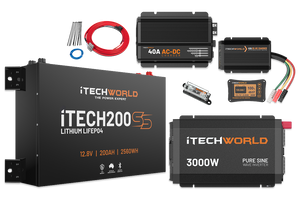 The iTechworld Ultimate 4WD Kit with iTECH200SS includes a high-capacity lithium battery, 3000W pure sine wave inverter, chargers, cables, fuses, and wiring—perfect for any 4WD dual battery system.