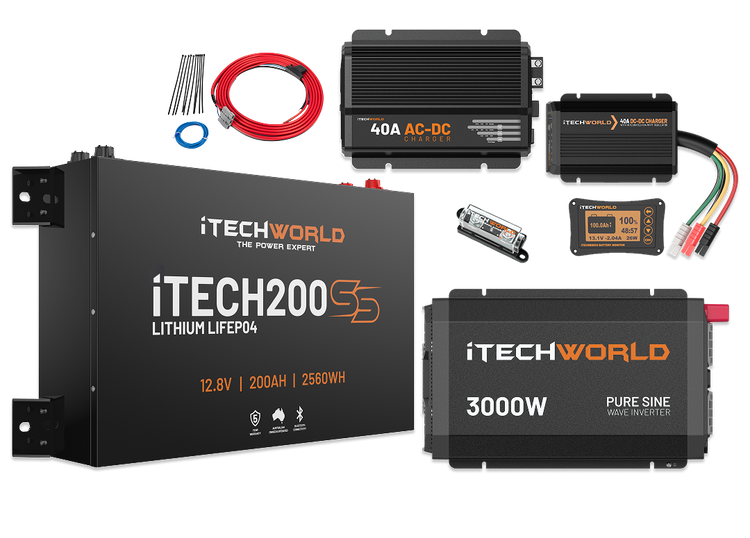 The iTechworld Ultimate 4WD Kit with iTECH200SS includes a high-capacity lithium battery, 3000W pure sine wave inverter, chargers, cables, fuses, and wiring—perfect for any 4WD dual battery system.