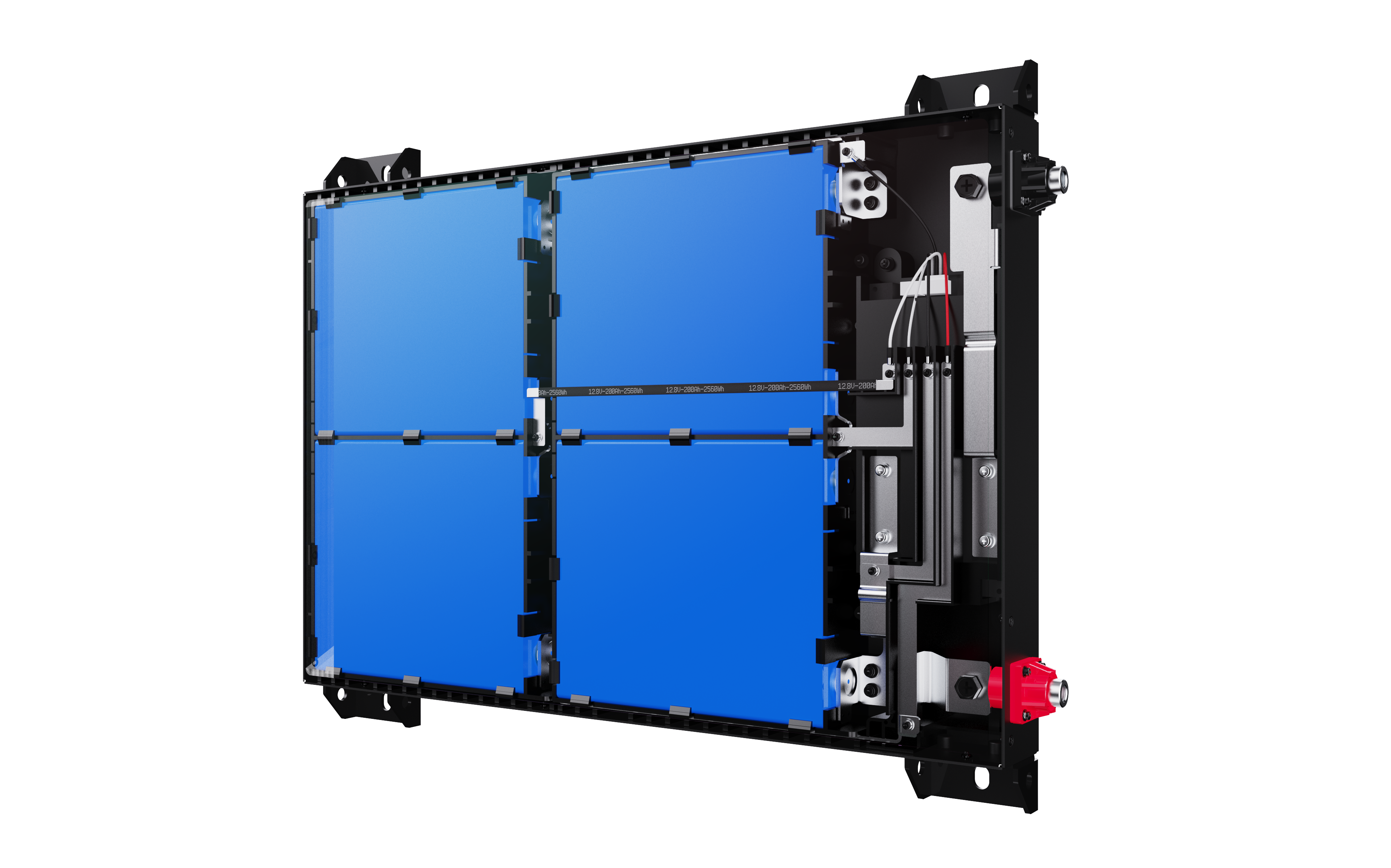 The iTechworld iTECH200US Ultra Slim Deep Cycle Lithium Battery (LiFePO4 200Ah, Bluetooth) is shown with four blue sections and exposed internal components, offering a partially open view against a white background.