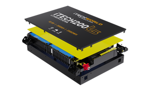 Exploded view of the iTechworld iTECH200US Ultra Slim Deep Cycle Lithium Battery with Bluetooth LiFePO4 200Ah, showing the case, yellow separator, battery cells, and wiring on a white background.