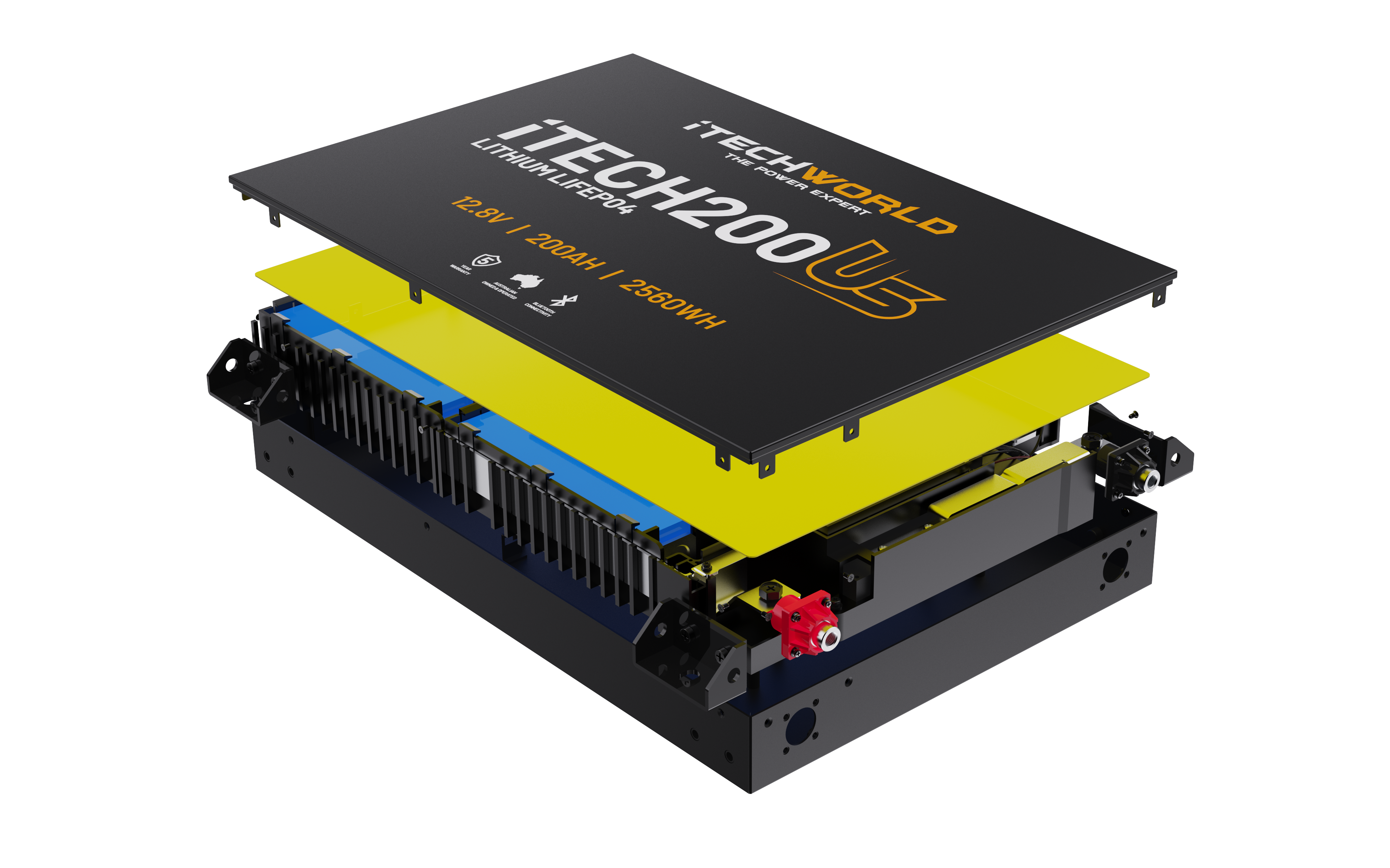 Exploded view of the iTechworld iTECH200US Ultra Slim Deep Cycle Lithium Battery with Bluetooth LiFePO4 200Ah, showing the case, yellow separator, battery cells, and wiring on a white background.