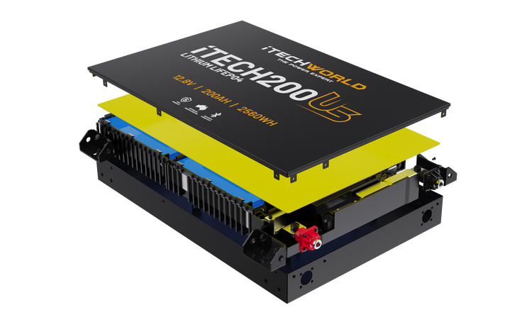 Exploded view of the iTechworld iTECH200US Ultra Slim Deep Cycle Lithium Battery with Bluetooth LiFePO4 200Ah, showing the case, yellow separator, battery cells, and wiring on a white background.