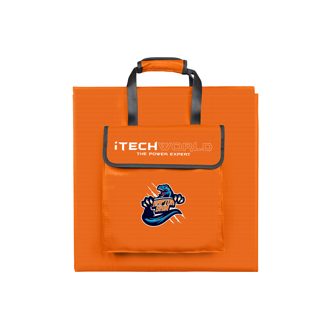 The orange folding bag with black handles and iTechworld branding is a practical companion for your 200W Solar Mat with Raptor Skin, perfect for storing or carrying your foldable solar panel when heading off-grid.