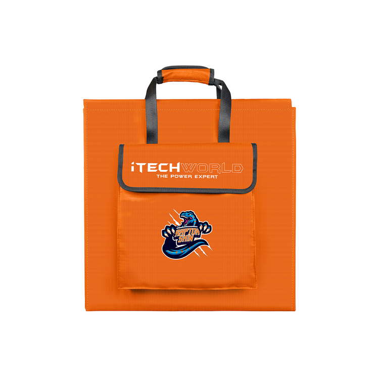 The orange folding bag with black handles and iTechworld branding is a practical companion for your 200W Solar Mat with Raptor Skin, perfect for storing or carrying your foldable solar panel when heading off-grid.