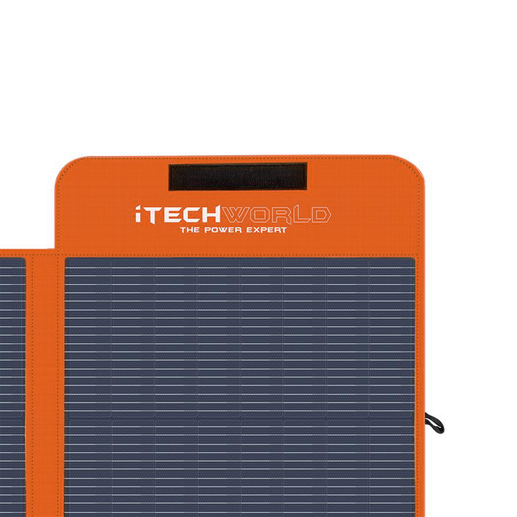 Close-up of an orange iTechworld 200W Solar Mat with Raptor Skin, a foldable solar panel ideal for off-grid power, featuring the brand name above the solar cells.