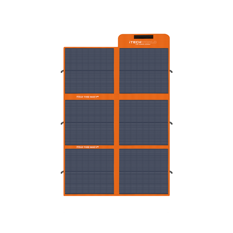 The iTechworld 200W Solar Mat with Raptor Skin is a foldable orange and black panel with six rectangular sections, a TECH label on top, and FOLD THIS WAY instructions. Ideal for off-grid use.