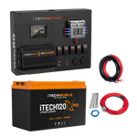 The iTechworld Control Hub Kit, featuring a 40A DCDC charger, lithium battery, wiring kit, and power management control panel, is displayed on a white background.
