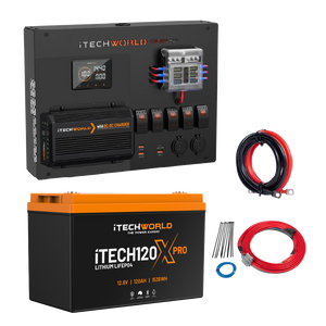 The iTechworld Control Hub Kit with 40A DCDC Charger and iTECH120X PRO sits on a white background with red/black cables, zip ties, and blue connectors—everything needed for a 12V power system.