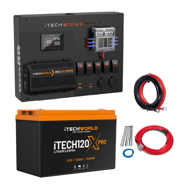 The iTechworld Control Hub Kit with 40A DCDC Charger and iTECH120X PRO sits on a white background with red/black cables, zip ties, and blue connectors—everything needed for a 12V power system.