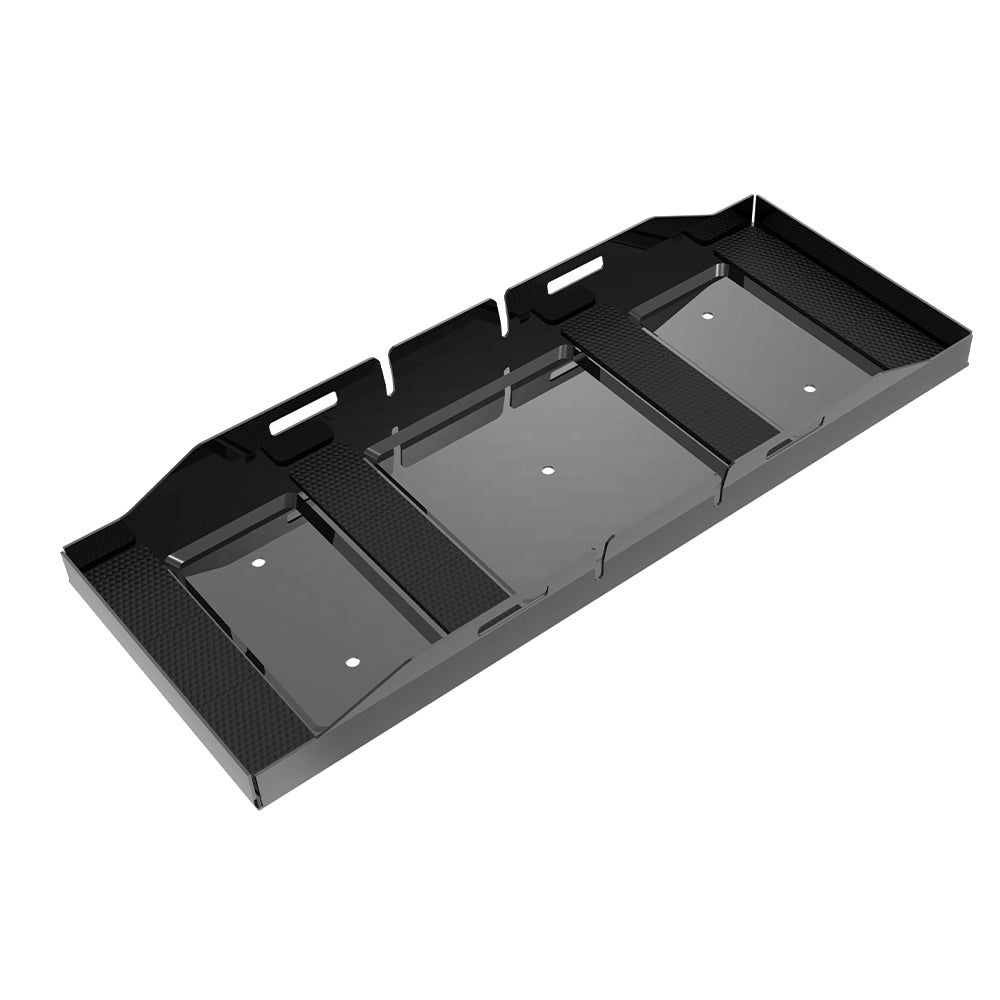 A rectangular black metal iTechworld Battery Tray for the iTECH240X PRO, with raised edges, three recessed sections, and multiple mounting holes—ideal for organizing your BOGO Bundle from BOGOS.io.