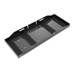 A rectangular black metal iTechworld Battery Tray for the iTECH240X PRO, with raised edges, three recessed sections, and multiple mounting holes—ideal for organizing your BOGO Bundle from BOGOS.io.