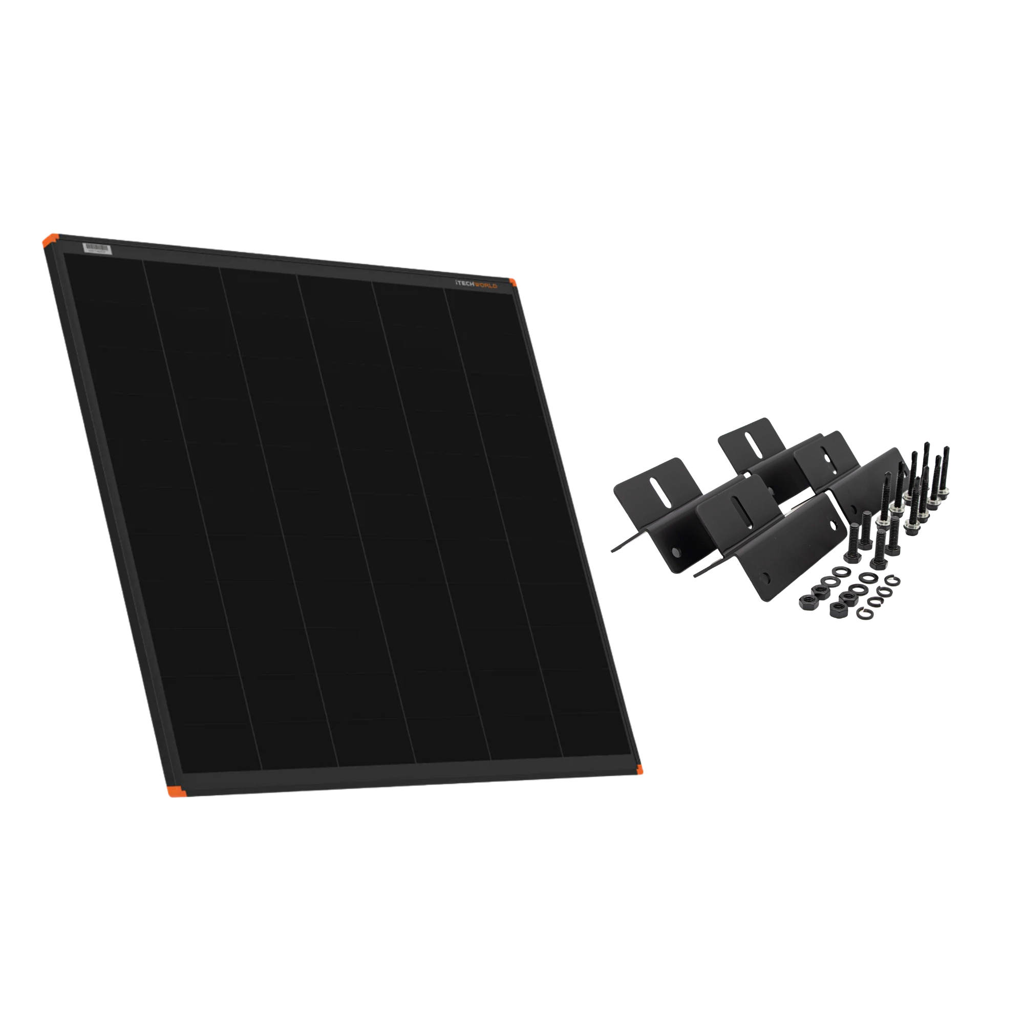 The iTechworld 250W Short Hard Frame Solar Panel Bundle with mounting brackets is shown, including brackets, screws, bolts, and washers from iTechworld, all displayed on a white background.